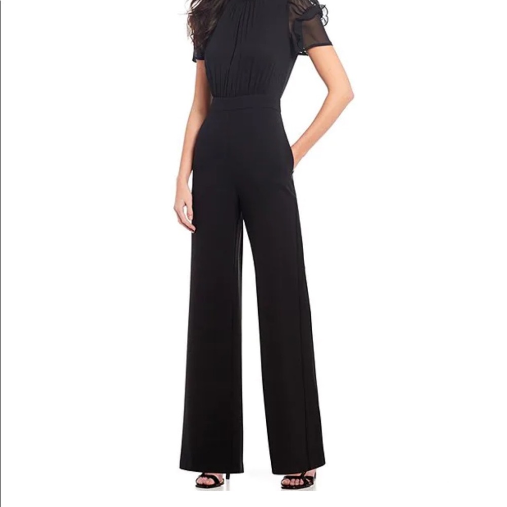 Vince Camuto Short Sleeve Mock Neck Chiffon Bodice Jumpsuit (black)